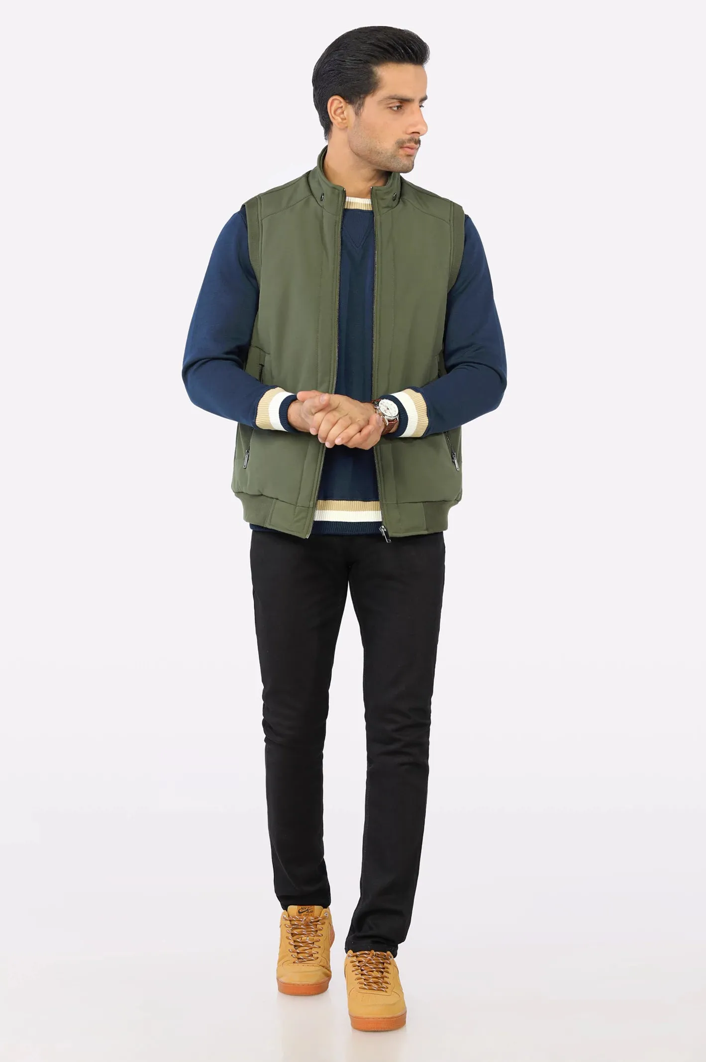 Mens Olive Sleeveless Quilted Bomber Vest