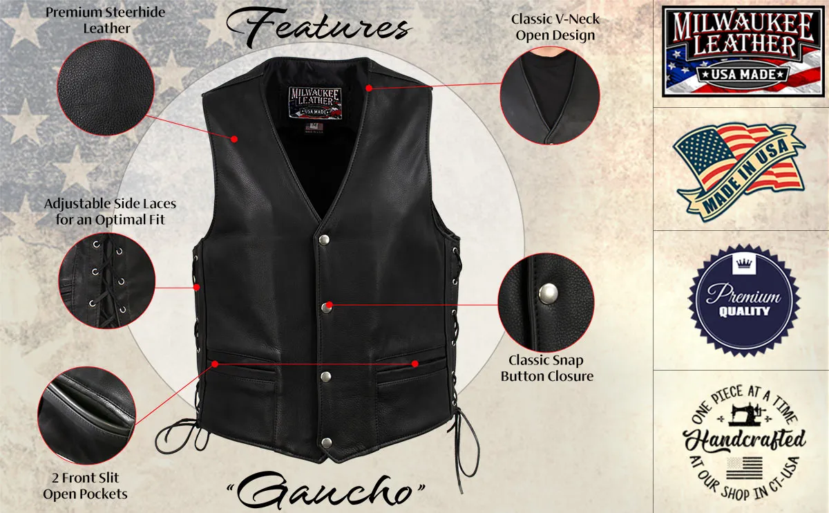 Milwaukee Leather USA MADE MLVSM5003 Men's Black 'Gaucho' Extra Long Back Premium Steerhide Motorcycle Leather Vest