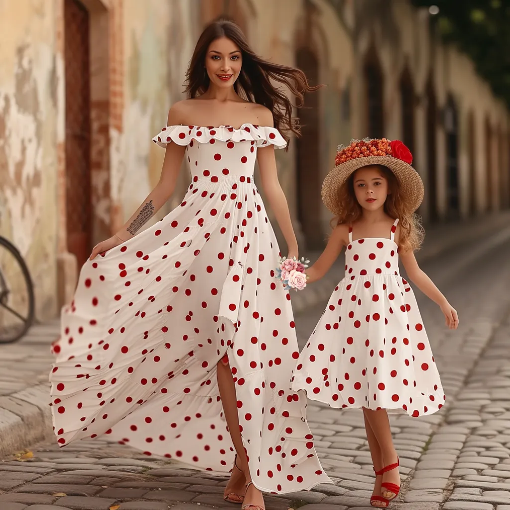 Mom and Daughter Matching Polka Dot Off the Shoulder Dress