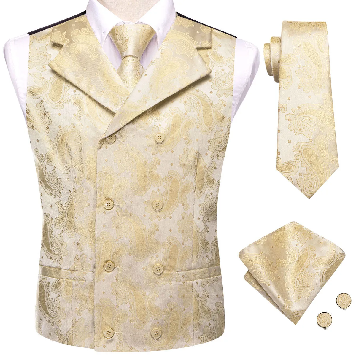 Pastel Gold Paisley Jacquard Vest Set