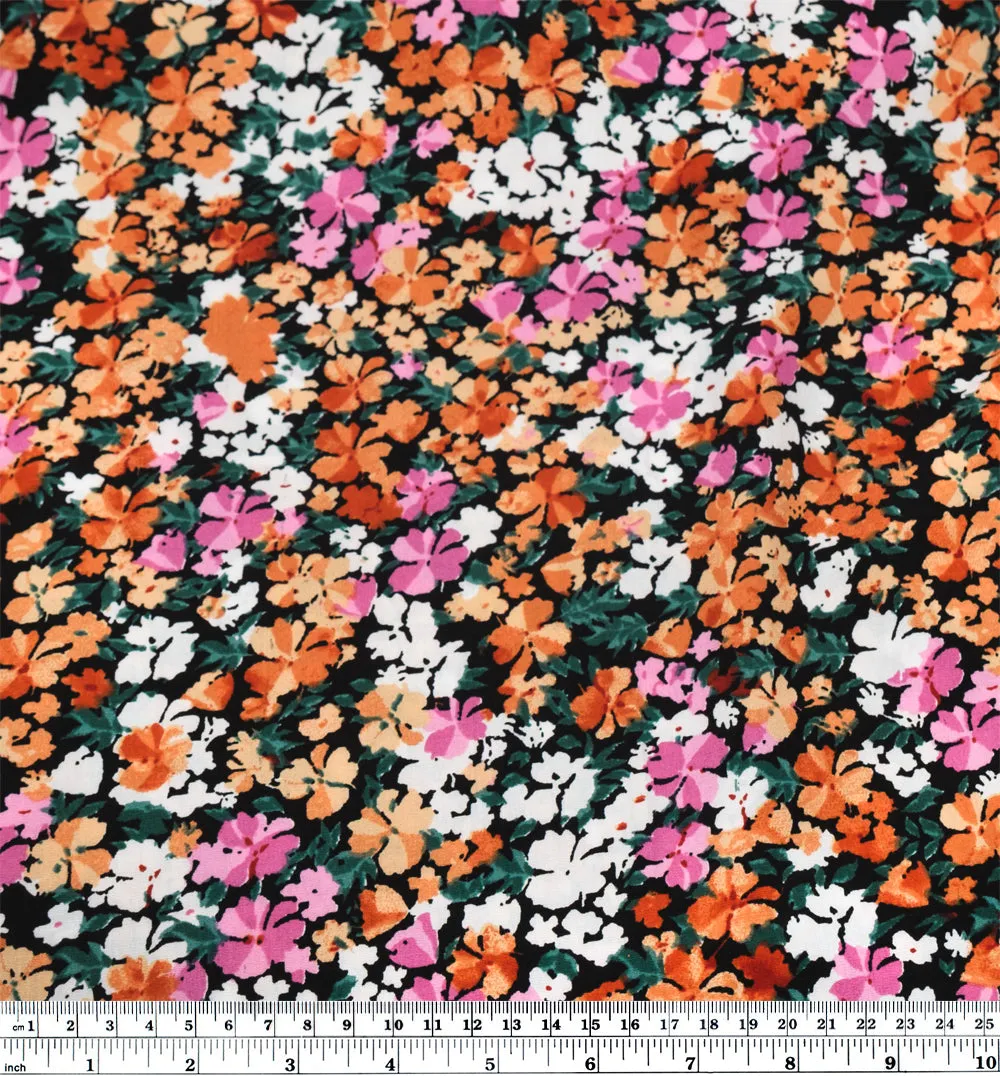 Playful Posies Rayon Voile - Black/Tangerine/Candy