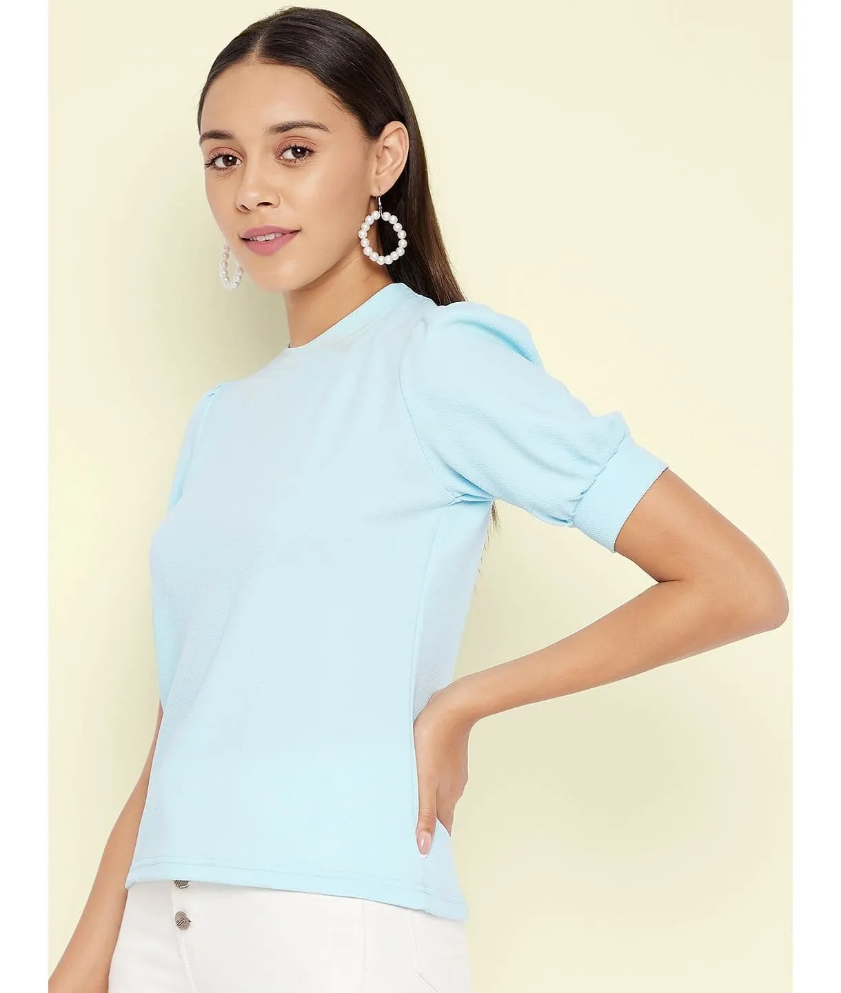 Plus Cotton Solid Stretchable Puff Sleeve Top