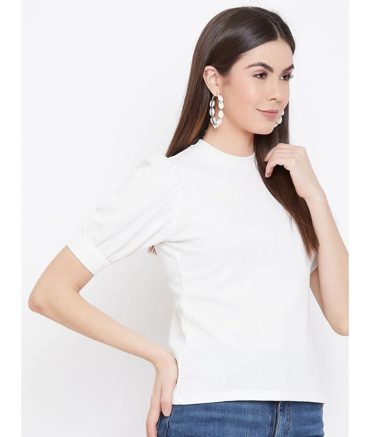 Plus Cotton Solid Stretchable Puff Sleeve Top