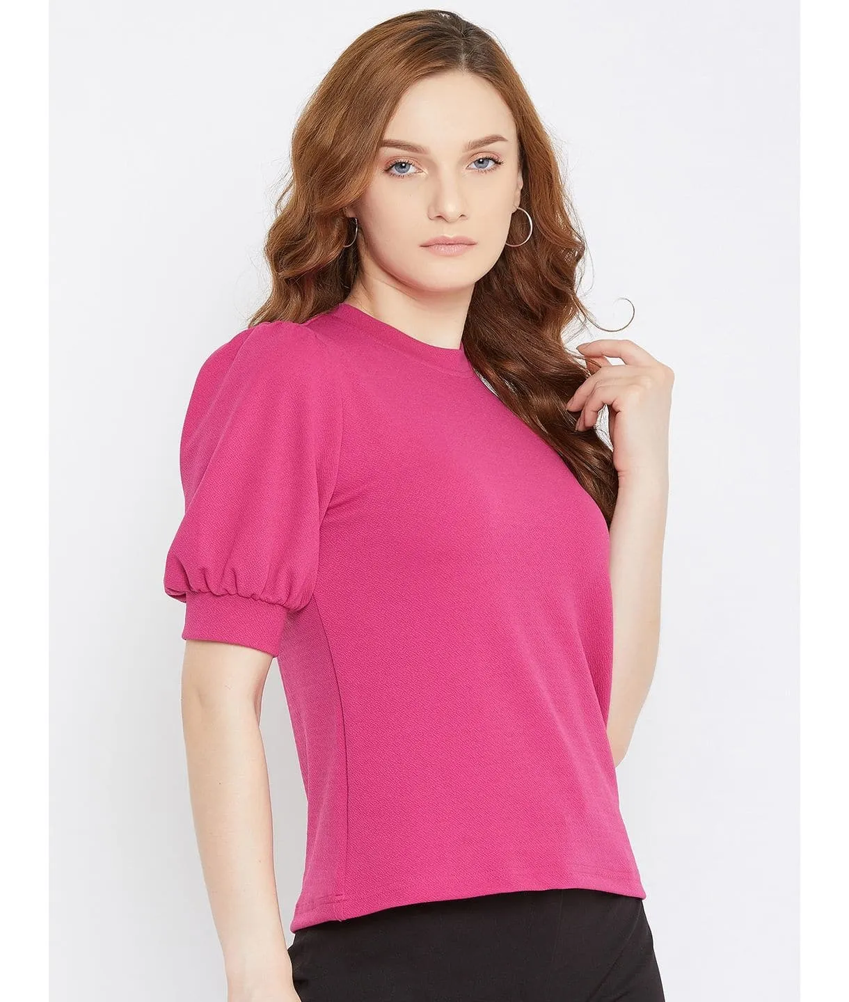 Plus Cotton Solid Stretchable Puff Sleeve Top