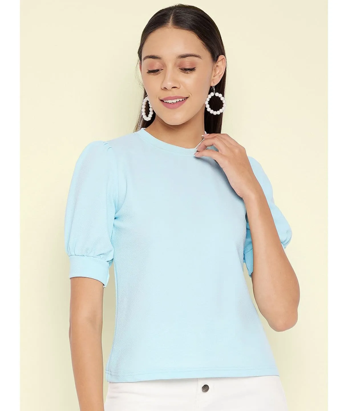 Plus Cotton Solid Stretchable Puff Sleeve Top