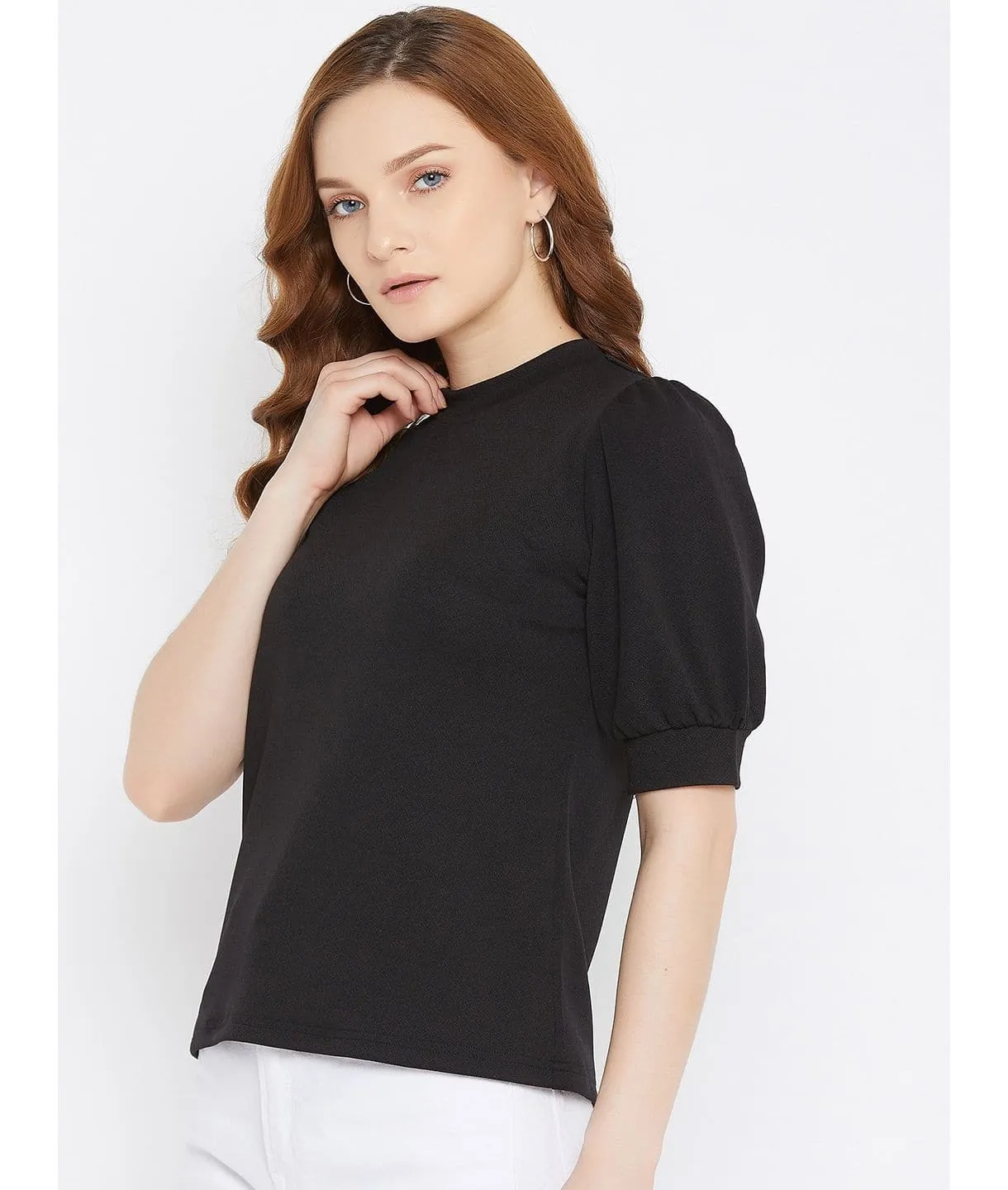 Plus Cotton Solid Stretchable Puff Sleeve Top