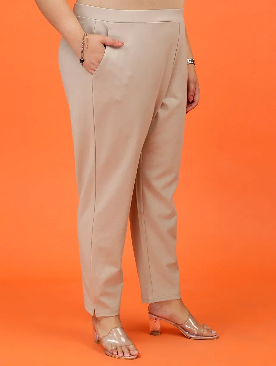 Plus Size Women Beige Cigarette Pants