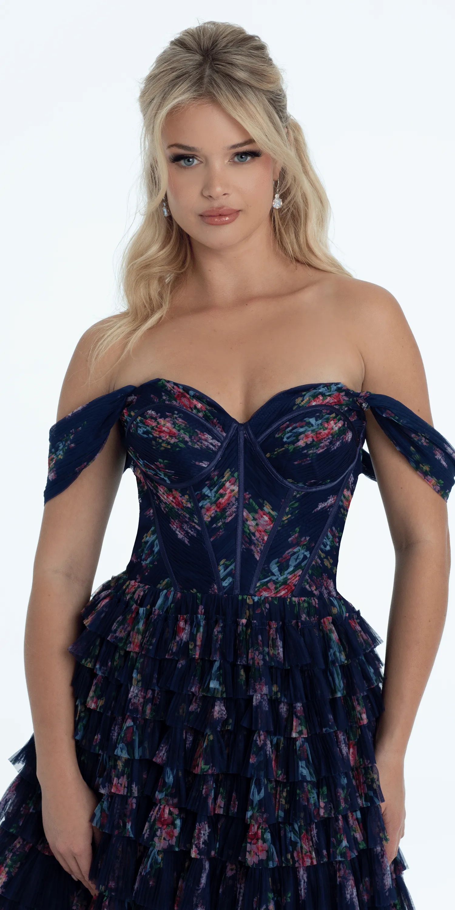 Print Mesh Off the Shoulder Tiered Corset Ballgown