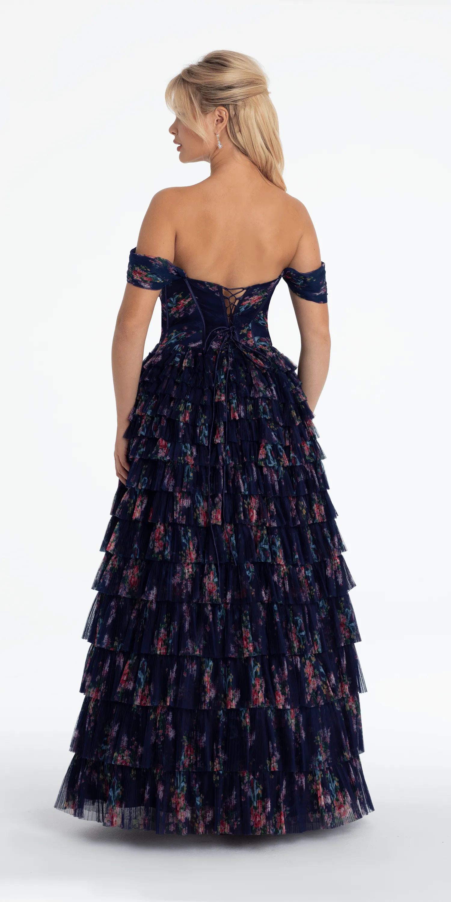 Print Mesh Off the Shoulder Tiered Corset Ballgown