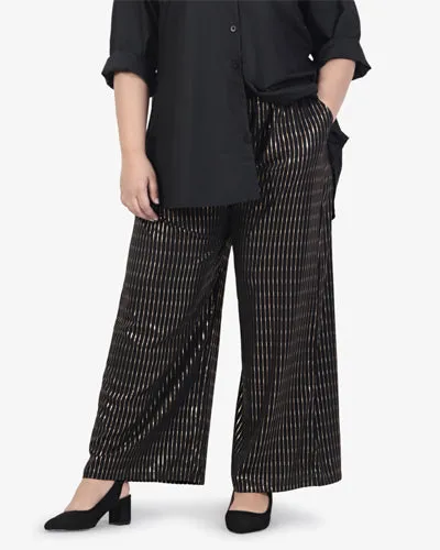 Puja Minimalist Raya Gold Stripe Wide Pants - Black