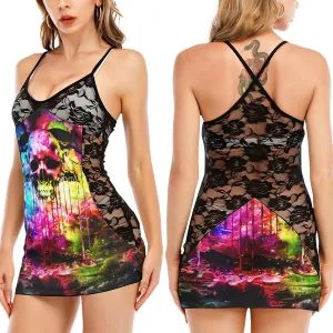 Rainbow Abtract Skull Black Lace Sleepwears Babydol Dresses