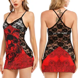 Red Black Mandala Gothic Skull Black Lace Sleepwears Babydol Dresses