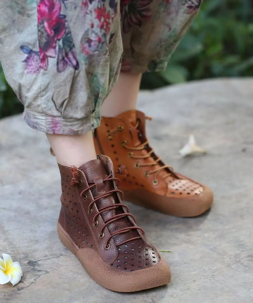 Retro Comfortable Brown Boots Splicing Hollow Out Lace Up