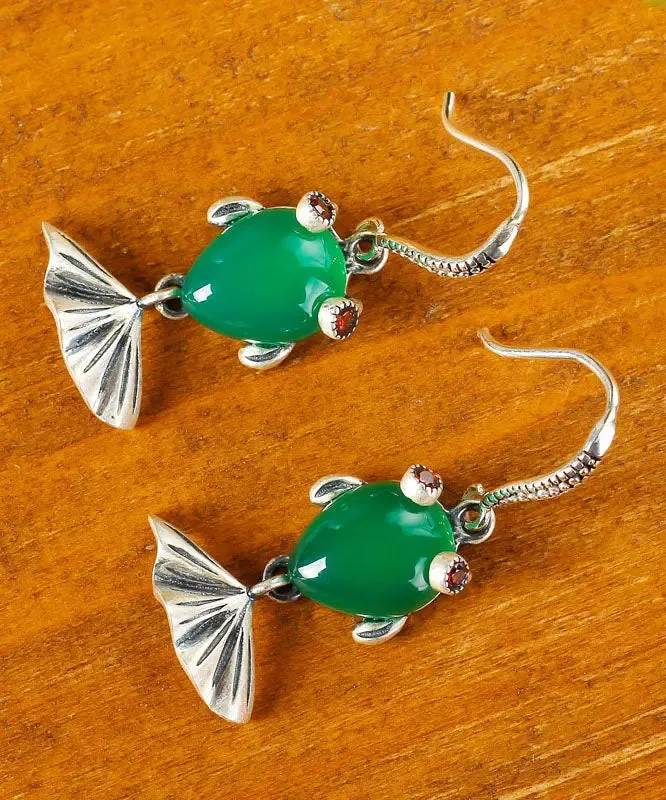 Sterling Silver Inlaid Gem Stone Chalcedony Goldfish Drop Earrings