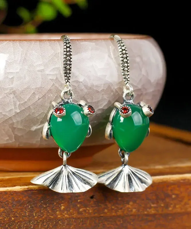 Sterling Silver Inlaid Gem Stone Chalcedony Goldfish Drop Earrings