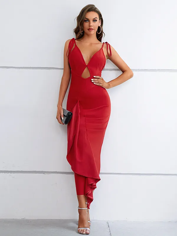 Strappy Red V-Neck Cut-Out Dress