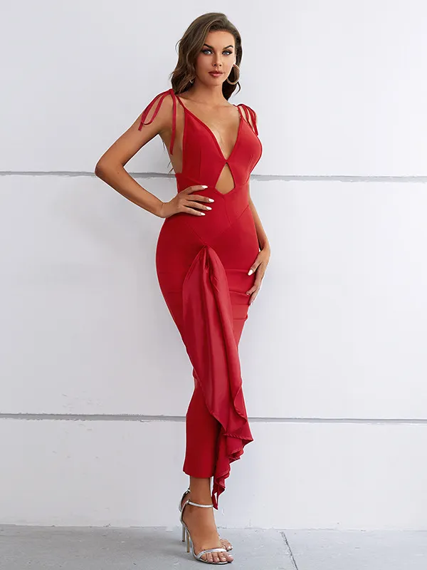 Strappy Red V-Neck Cut-Out Dress