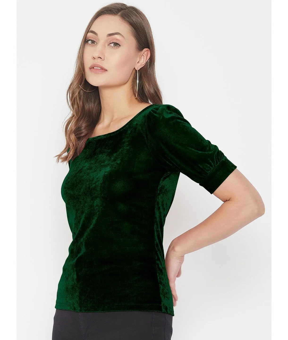 Stretchable Velvet Round Neck Puff Sleeve Top