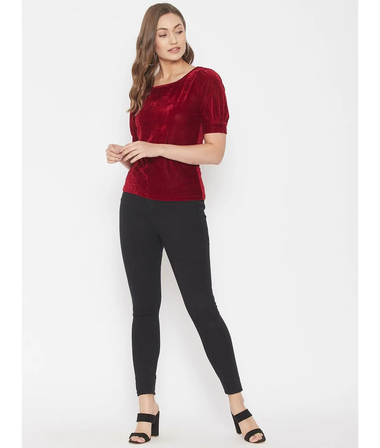 Stretchable Velvet Round Neck Puff Sleeve Top