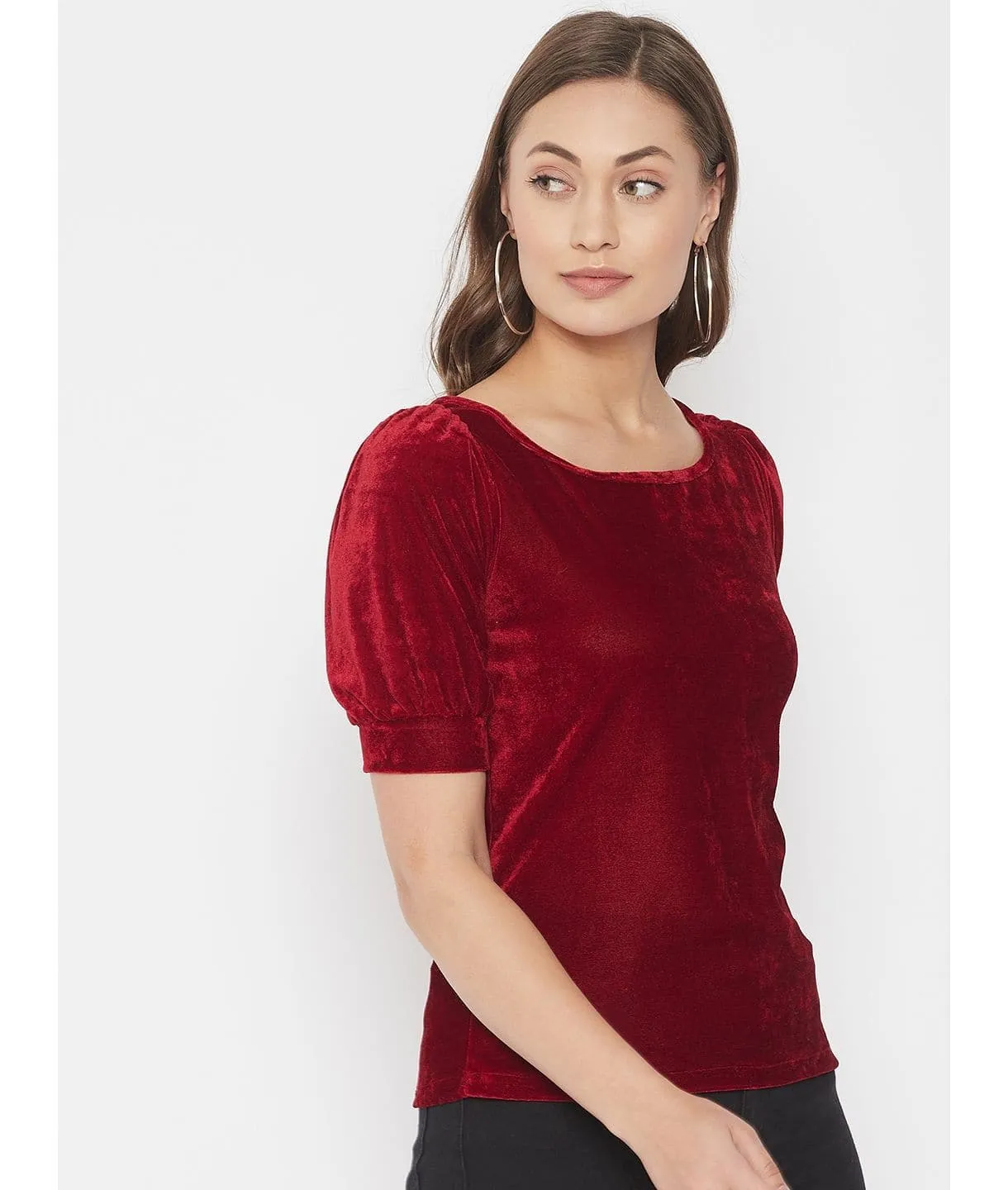 Stretchable Velvet Round Neck Puff Sleeve Top