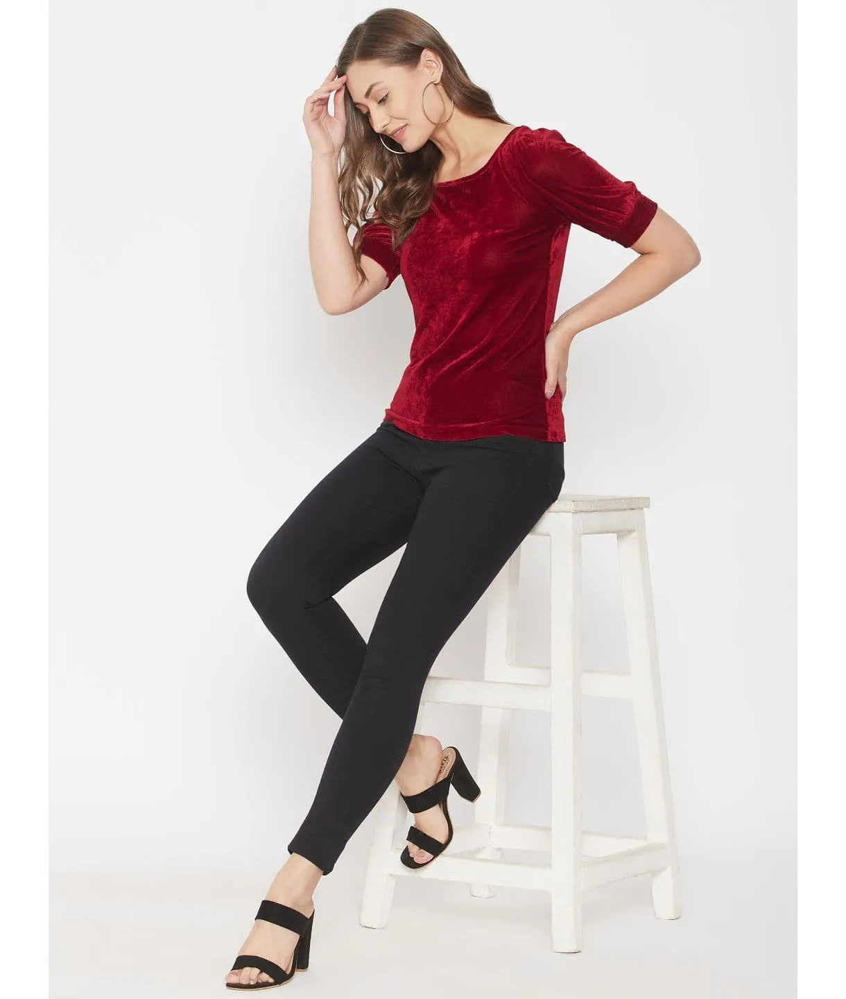 Stretchable Velvet Round Neck Puff Sleeve Top