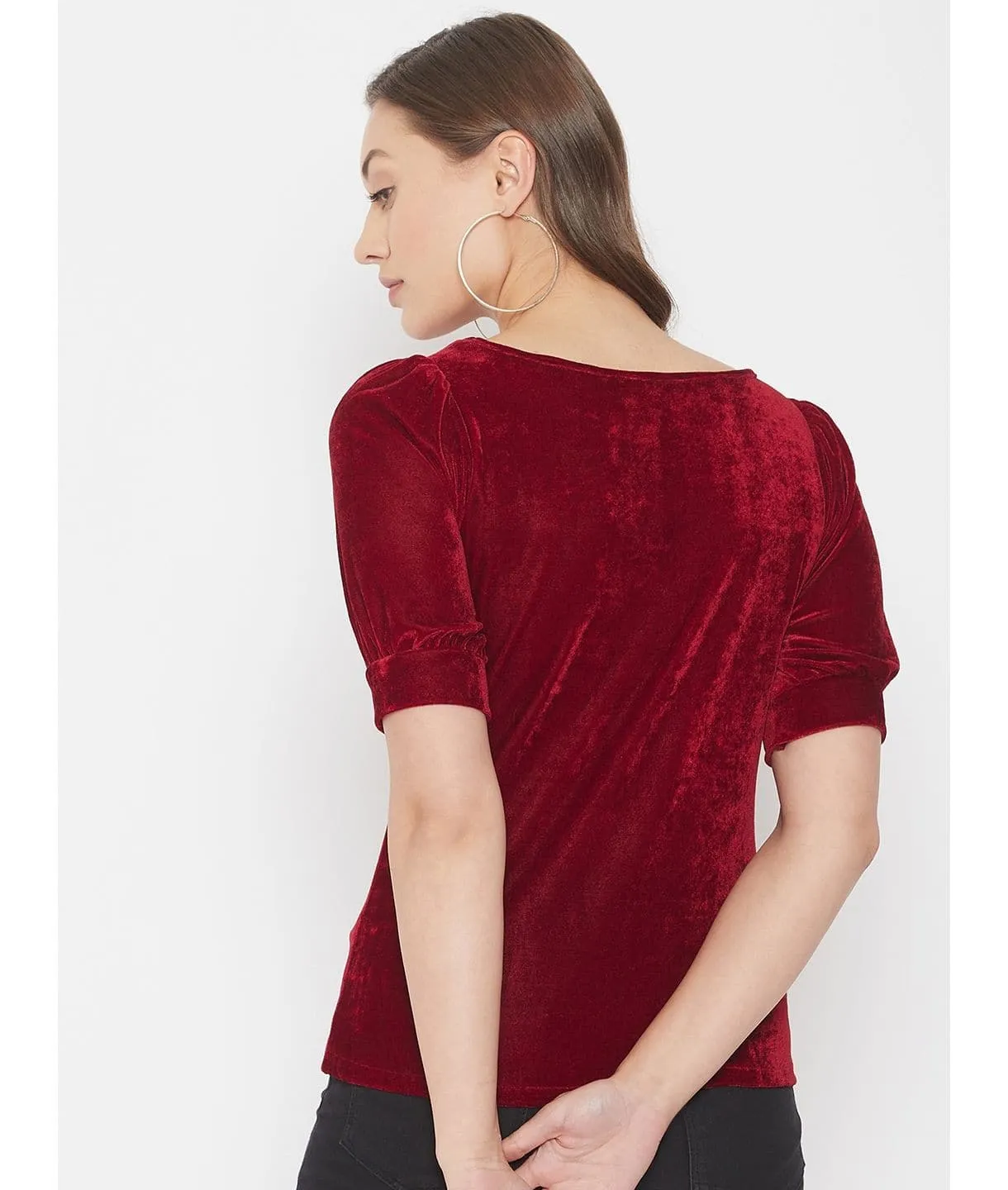 Stretchable Velvet Round Neck Puff Sleeve Top