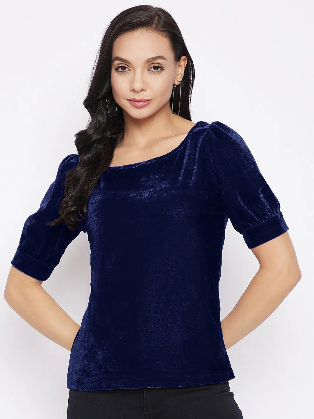 Stretchable Velvet Round Neck Puff Sleeve Top