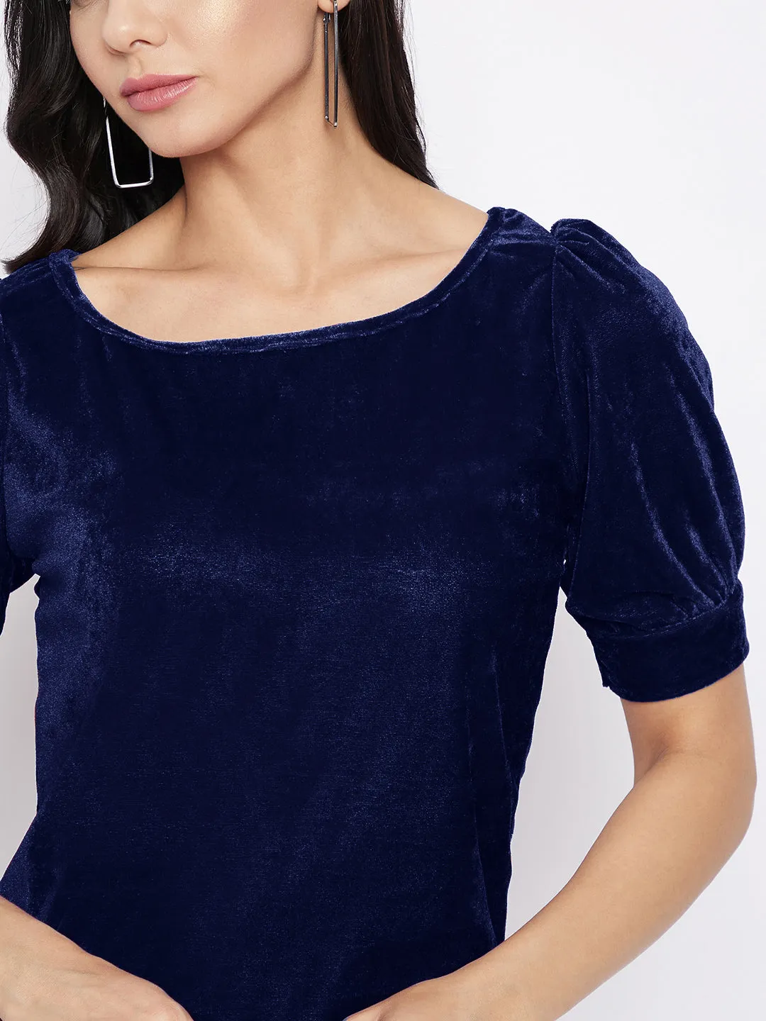 Stretchable Velvet Round Neck Puff Sleeve Top