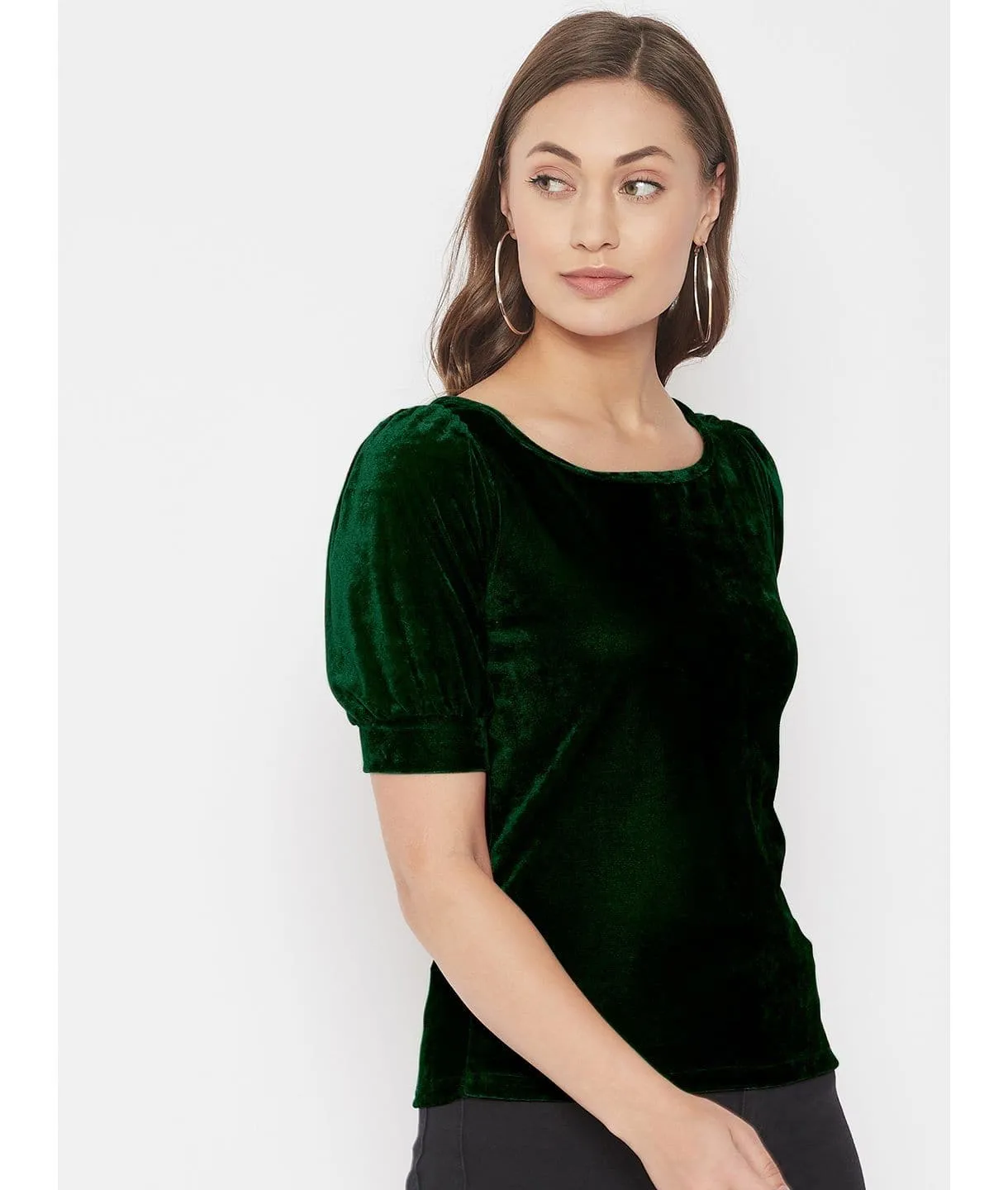 Stretchable Velvet Round Neck Puff Sleeve Top