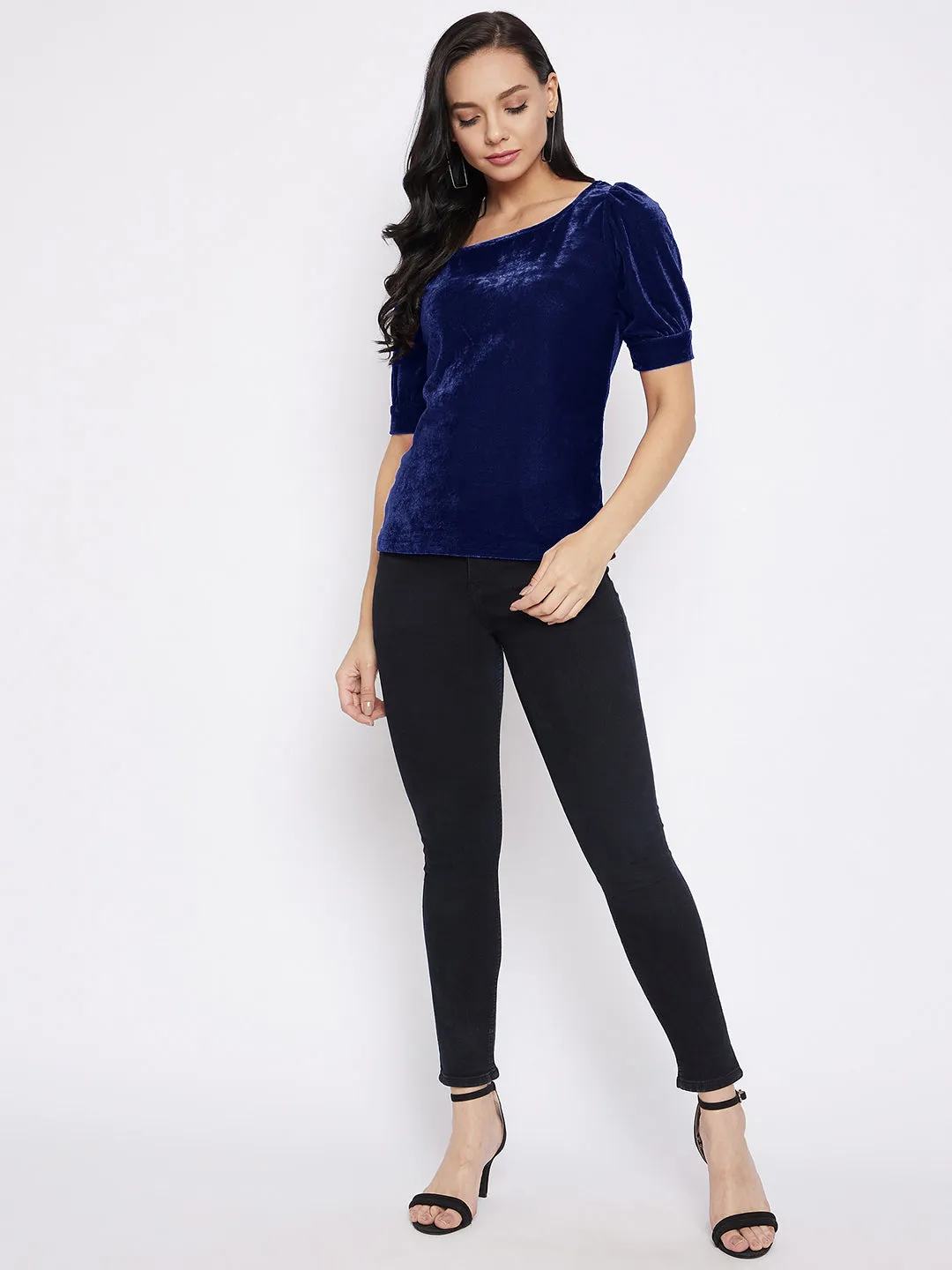 Stretchable Velvet Round Neck Puff Sleeve Top