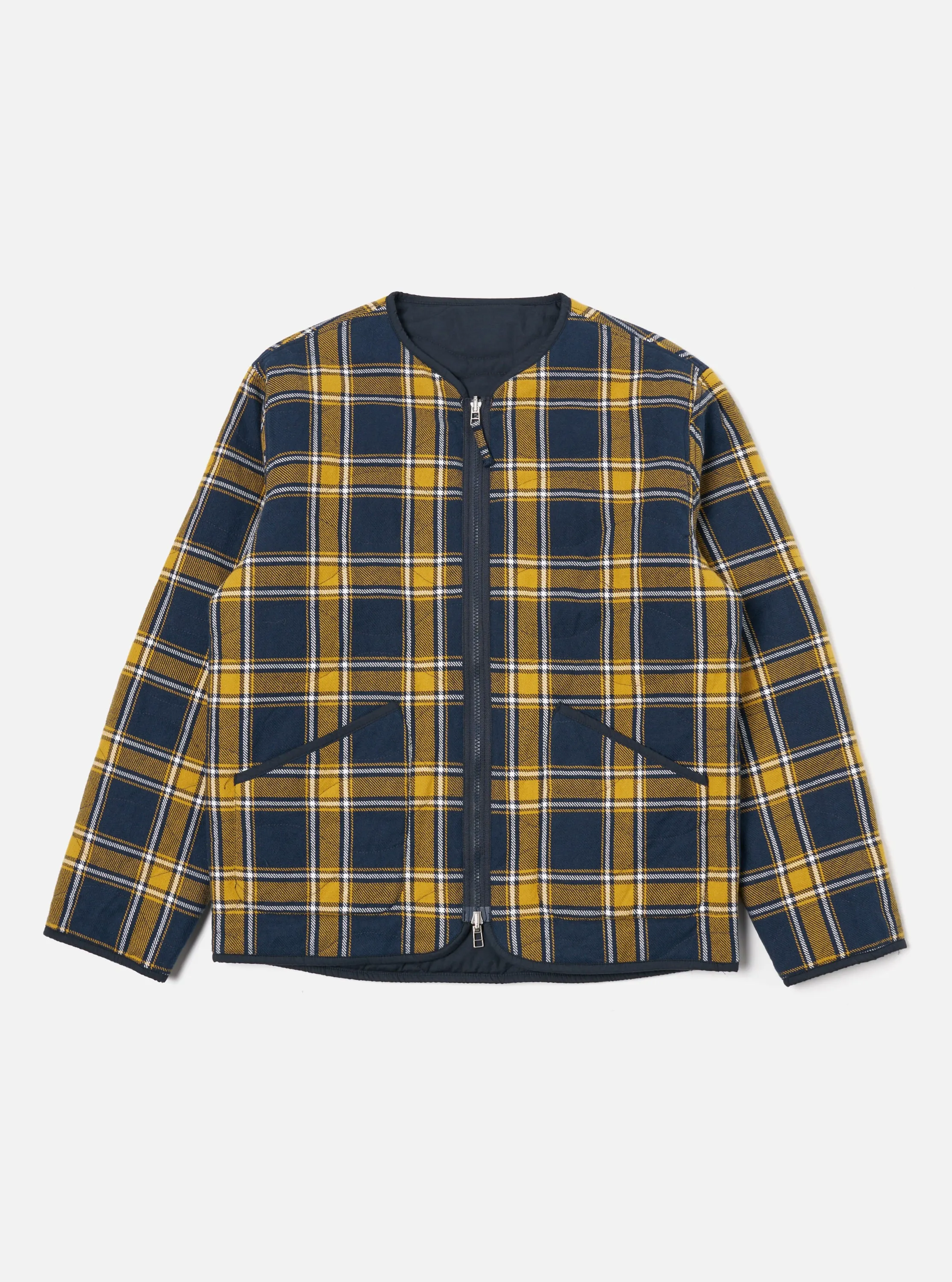 Universal Works Reversible Military Liner Jacket in Yellow/Navy Twill Check Tartan