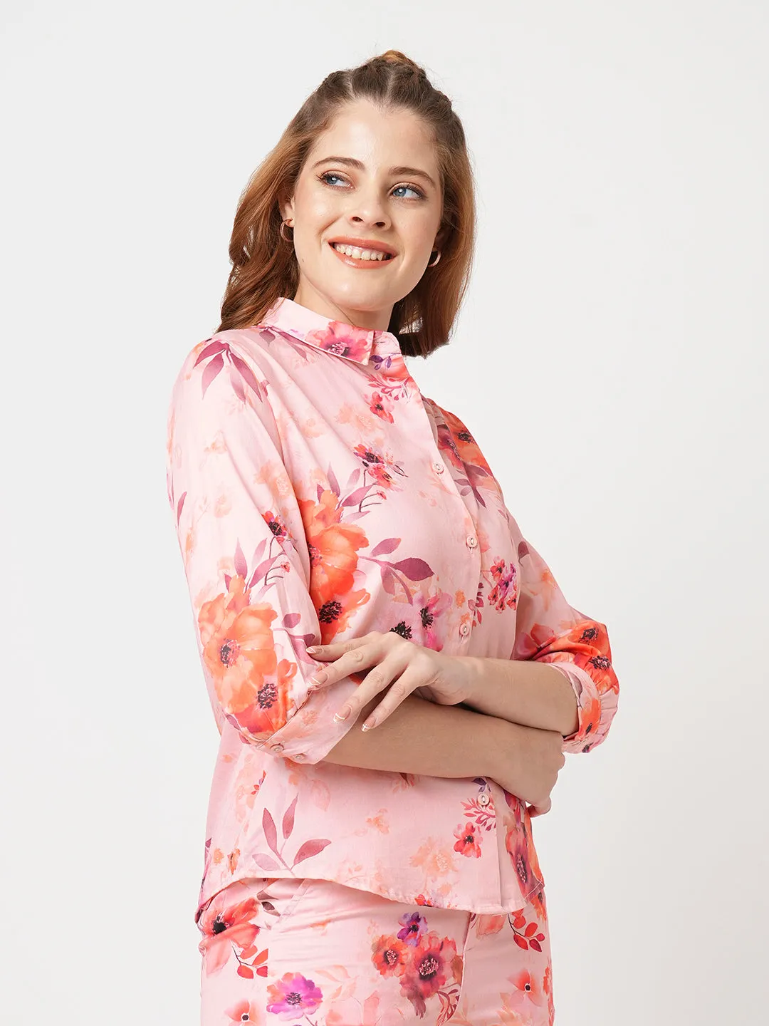 Women Slim Fit Soft Peach Printed Shirt