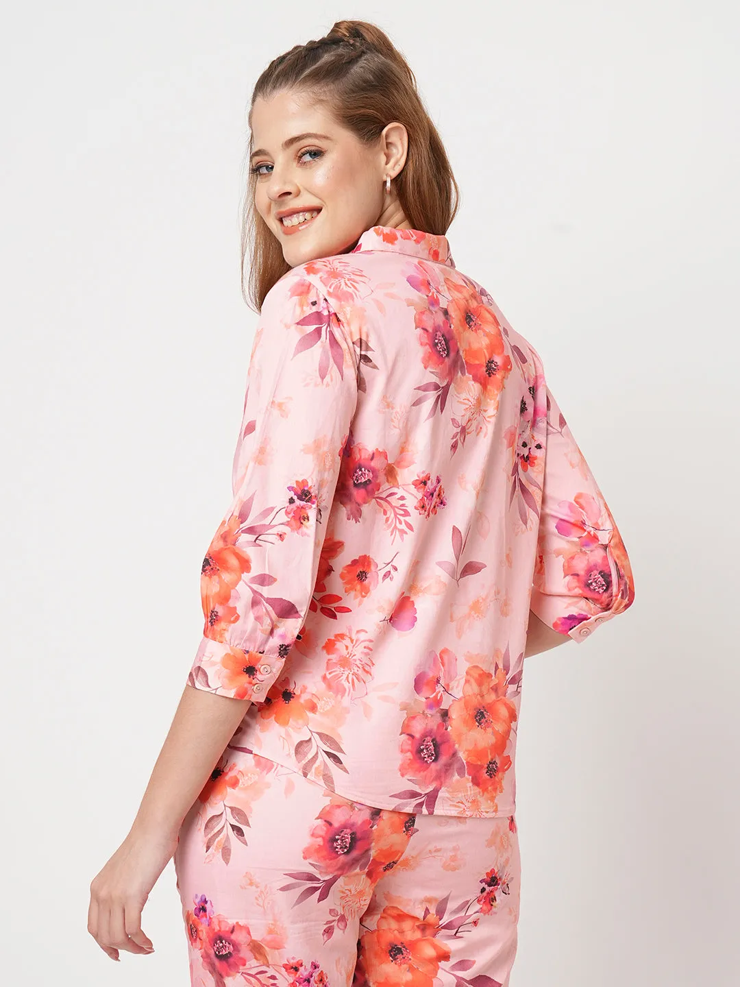 Women Slim Fit Soft Peach Printed Shirt