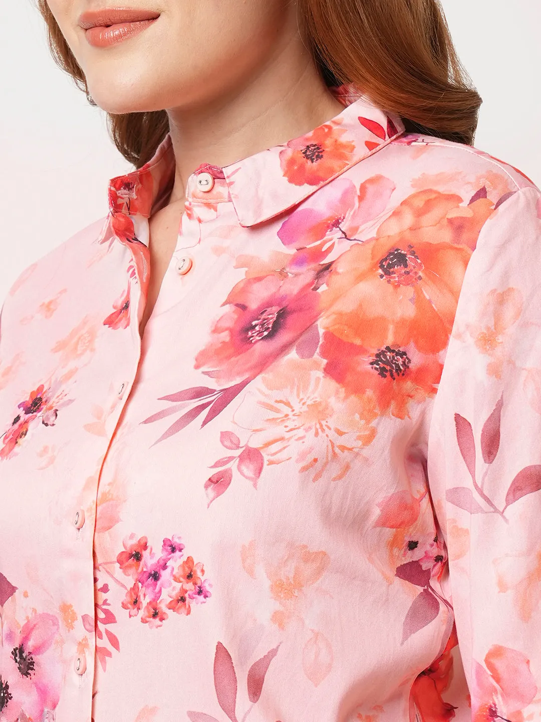 Women Slim Fit Soft Peach Printed Shirt