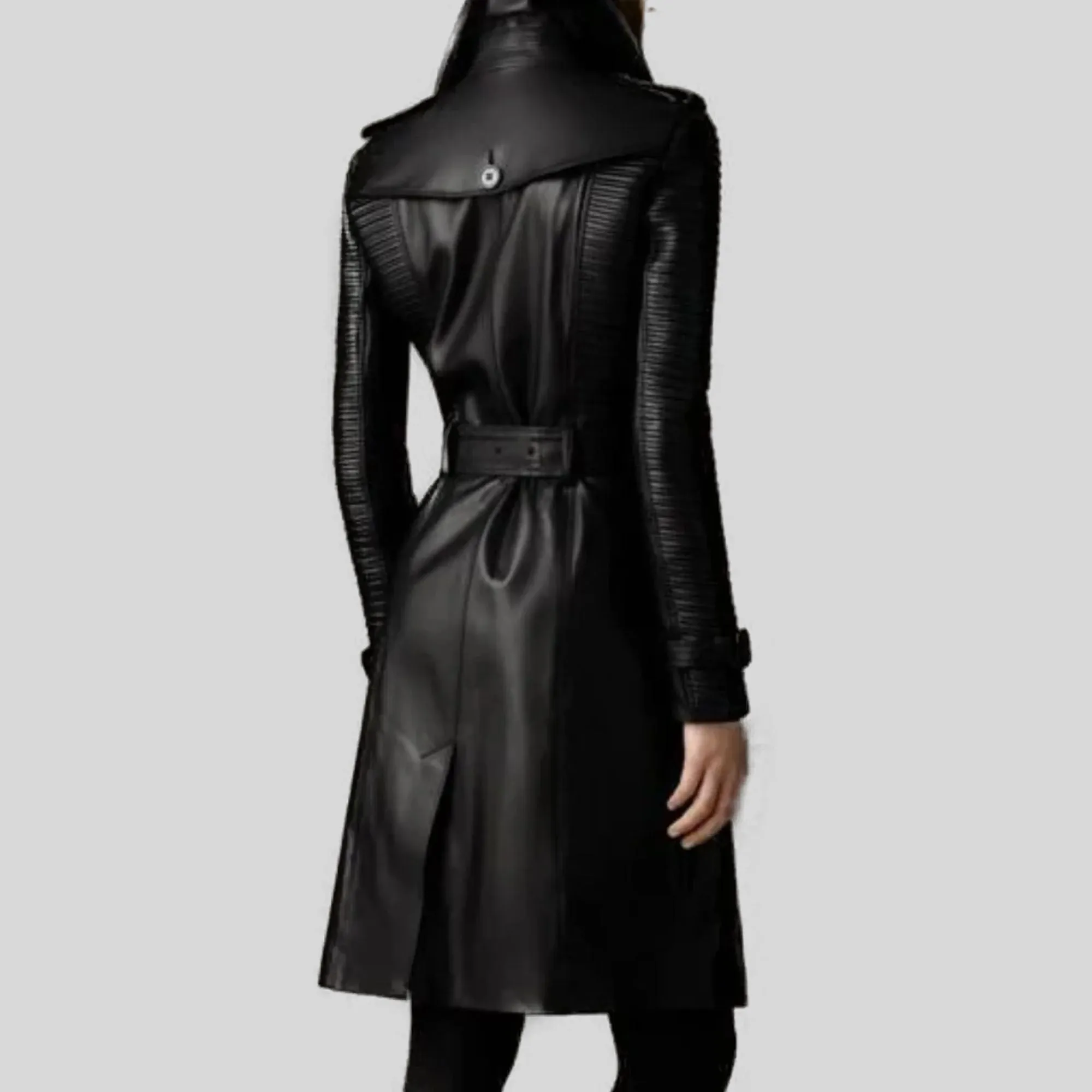 Women's Double-Breasted Black Quilted Real Leather Belted Trench Coat