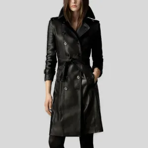 Women's Double-Breasted Black Quilted Real Leather Belted Trench Coat