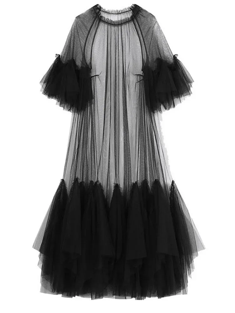 Women's Elegant Mesh Ruffles Maxi Dress