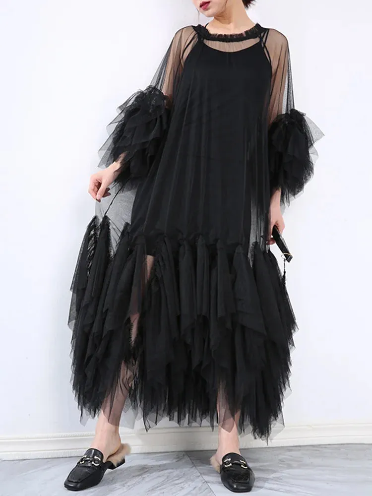 Women's Elegant Mesh Ruffles Maxi Dress