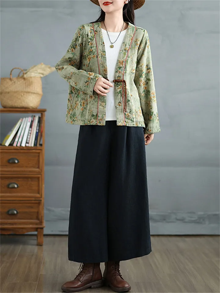 Women's Tasseled Knot Button Printed Relaxed Jackets