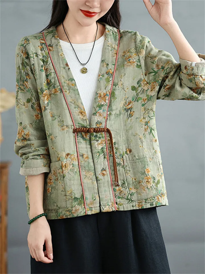 Women's Tasseled Knot Button Printed Relaxed Jackets