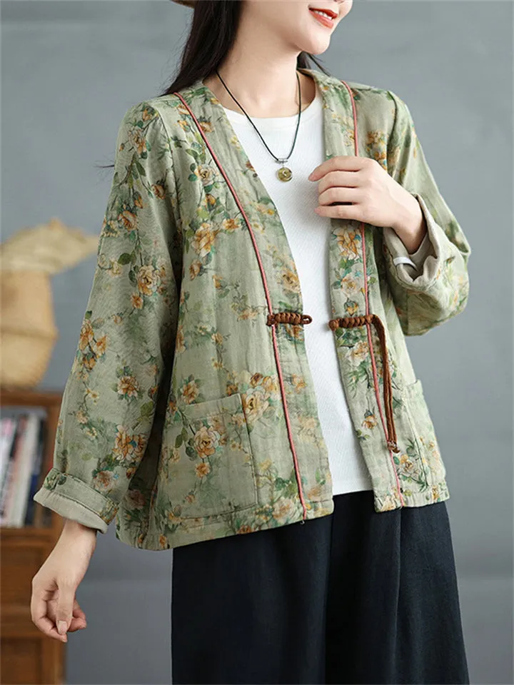 Women's Tasseled Knot Button Printed Relaxed Jackets