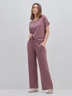 Wunderlove Mauve Ribbed High-Rise Cotton Blend Lounge Pants