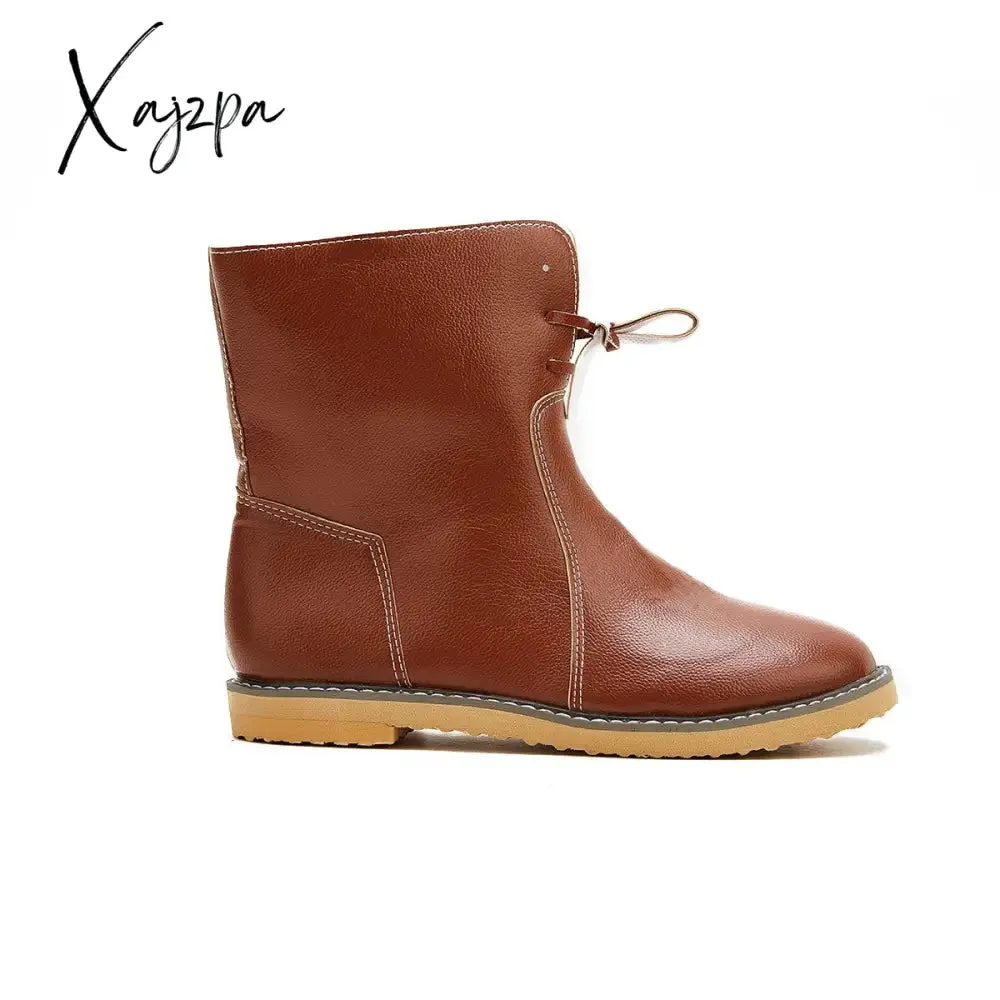 Xajzpa - Womens Red Waterproof Boots Warm Slip on Boots Lace Up Fur Boots Over Ankle Booties Short Snow Boots