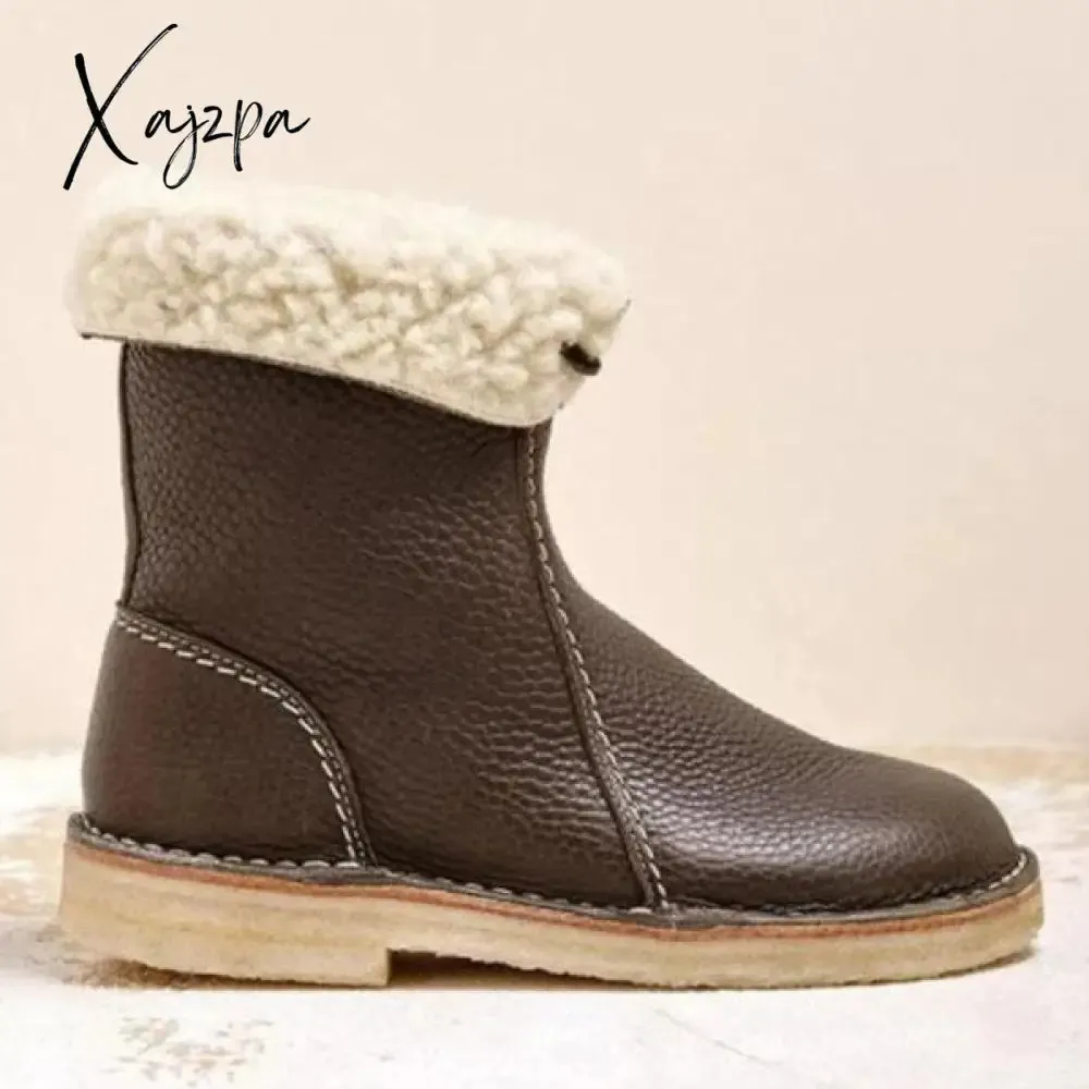 Xajzpa - Womens Red Waterproof Boots Warm Slip on Boots Lace Up Fur Boots Over Ankle Booties Short Snow Boots