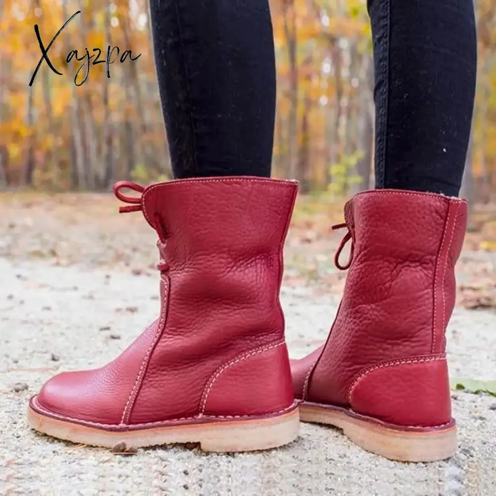 Xajzpa - Womens Red Waterproof Boots Warm Slip on Boots Lace Up Fur Boots Over Ankle Booties Short Snow Boots