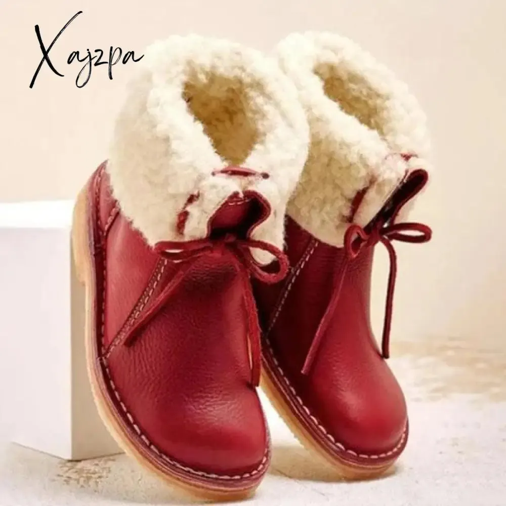 Xajzpa - Womens Red Waterproof Boots Warm Slip on Boots Lace Up Fur Boots Over Ankle Booties Short Snow Boots