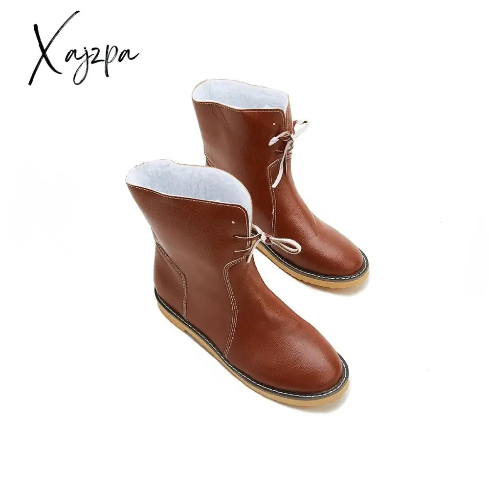 Xajzpa - Womens Red Waterproof Boots Warm Slip on Boots Lace Up Fur Boots Over Ankle Booties Short Snow Boots