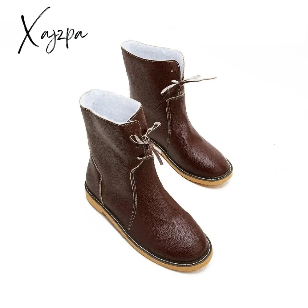 Xajzpa - Womens Red Waterproof Boots Warm Slip on Boots Lace Up Fur Boots Over Ankle Booties Short Snow Boots