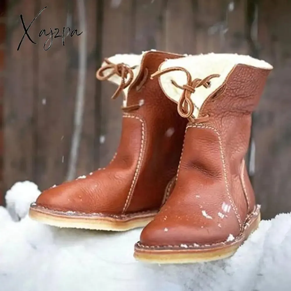 Xajzpa - Womens Red Waterproof Boots Warm Slip on Boots Lace Up Fur Boots Over Ankle Booties Short Snow Boots