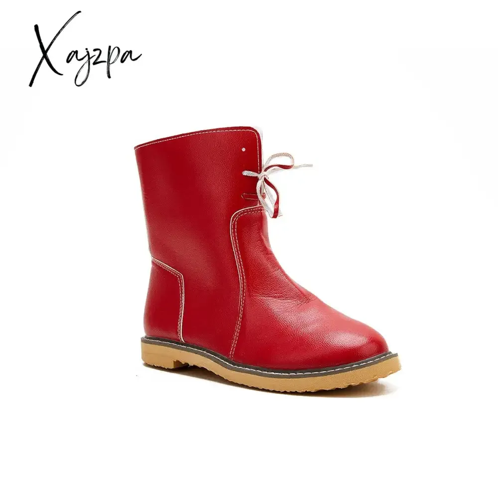 Xajzpa - Womens Red Waterproof Boots Warm Slip on Boots Lace Up Fur Boots Over Ankle Booties Short Snow Boots